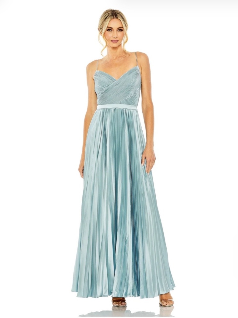 Mac Duggal Pleated Dress with Spaghetti Straps in French Blue